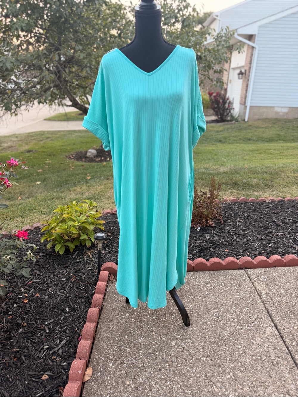 Women's Aqua V-Neck Ribbed Dress
